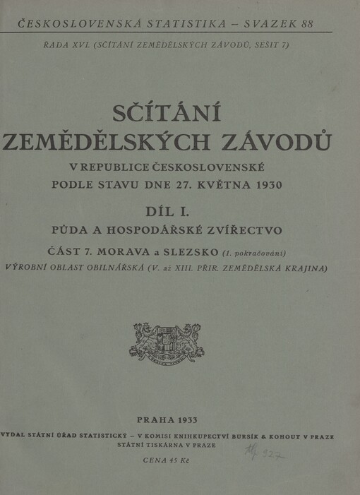 Sčítání zemědělských závodů v republice Československé podle stavu dne 27. května 1930