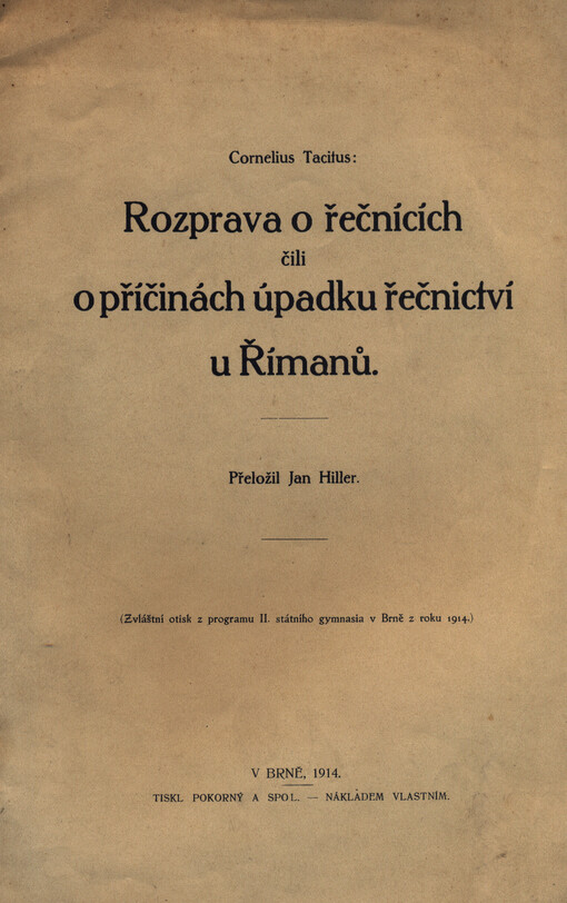 Rozprava o řečnících: čili o příčinách úpadku řečnictví u Římanů