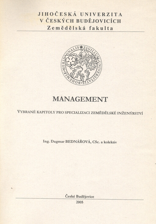 Management : vybrané kapitoly pro specializaci Zemědělské inženýrství