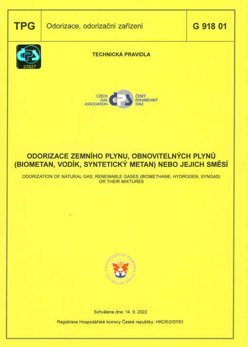 Odorizace zemního plynu, obnovitelných plynů (biometan, vodík, syntetický metan) nebo jejich směsí = Odorization of natural gas, renewable gases (biomethane, hydrogen, syngas) or their mixtures : TPG 918 01