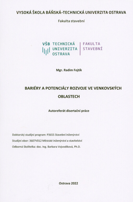 Bariéry a potenciály rozvoje ve venkovských oblastech : autoreferát disertační práce