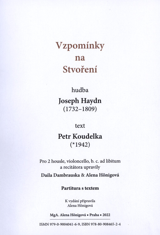 Vzpomínky na Stvoření : pro 2 housle, violoncello, b. c. ad libitum a recitátora