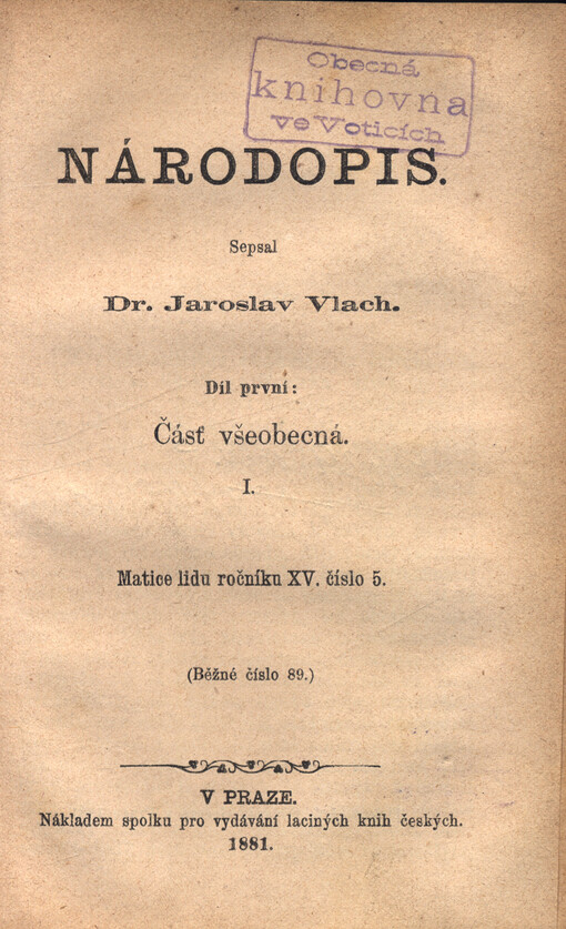 Národopis Díl 1., Část všeobecná. I.