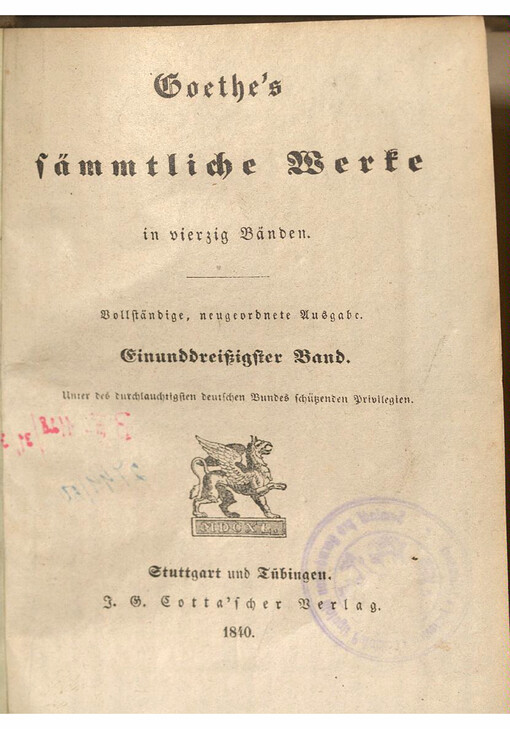 Goethe's sämmtliche Werke in vierzig Bänden. Einunddreißigster Band