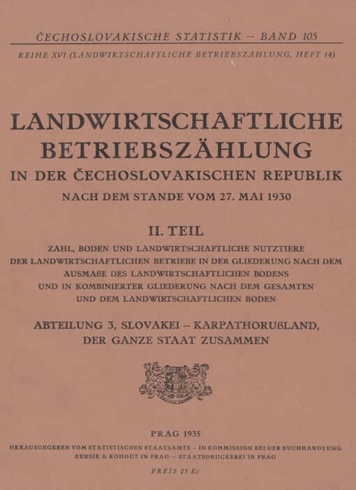 Landwirtschaftliche Betriebszählung in der Čechoslovakischen Republik nach dem Stande vom 27. Mai 1930