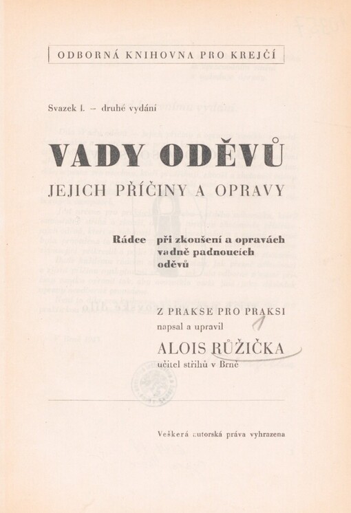 Vady oděvů: Jejich příčiny a opravy : Rádce při zkoušení a opravách vadně padnoucích oděvů