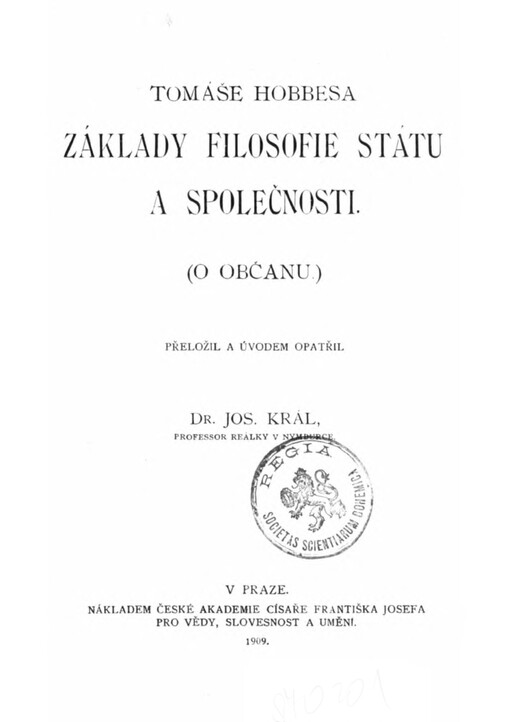 Tomáše Hobbesa Základy filosofie státu a společnosti :(o občanu)