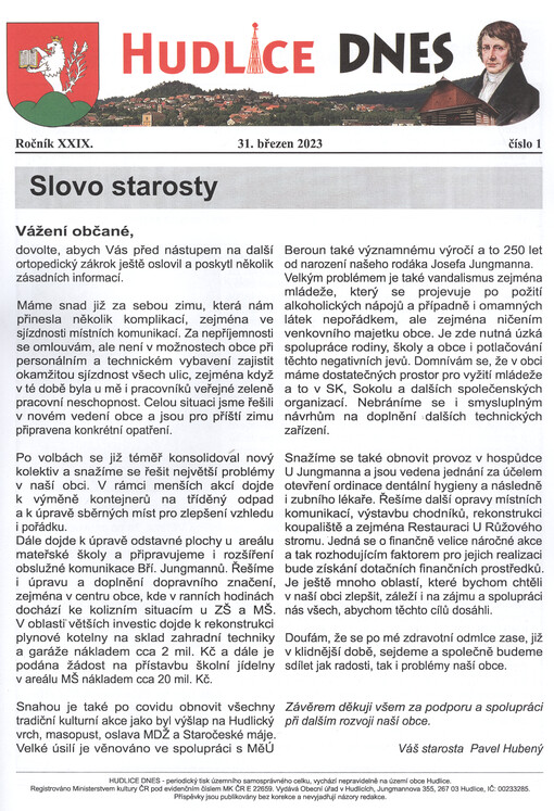 Hudlice dnes : informace obecního zastupitelstva
