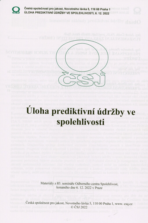Úloha prediktivní údržby ve spolehlivosti : materiály z 83. semináře Odborného centra Spolehlivost, konaného dne 6.12.2022 v Praze