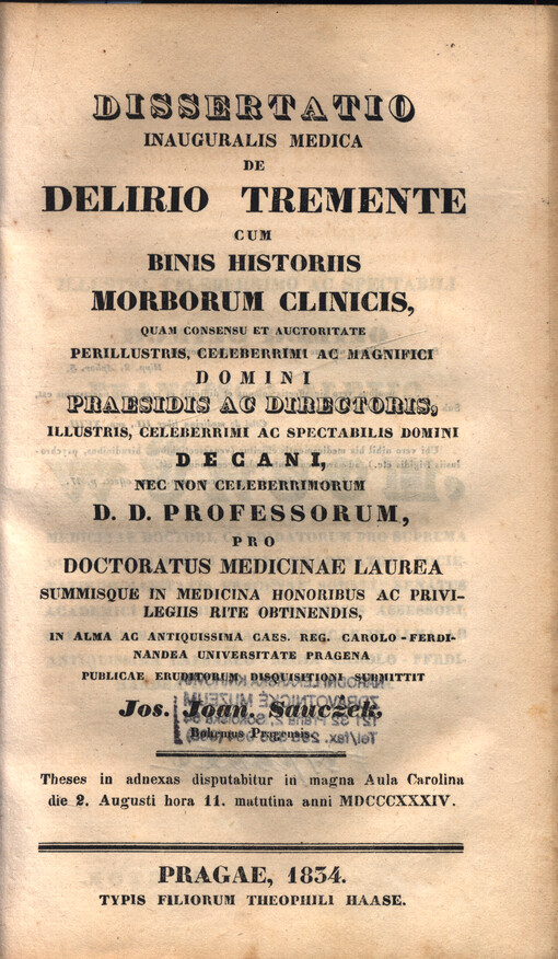 Dissertatio inauguralis medica de delirio tremente cum binis historiis morborum clinicis ...