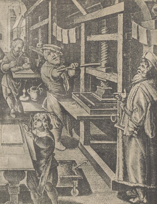 Dělníci knihy: výrobce papíru, barvič papíru, knihtiskař, knihař, knihkupec