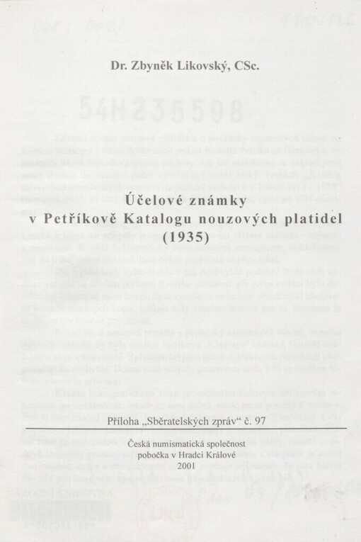 Účelové známky v Petříkově Katalogu nouzových platidel (1935)