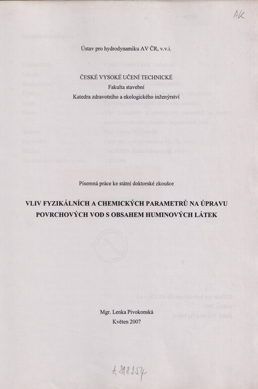Vliv fyzikálních a chemických parametrů na úpravu povrchových vod s obsahem huminových látek : písemná práce ke státní doktorské zkoušce