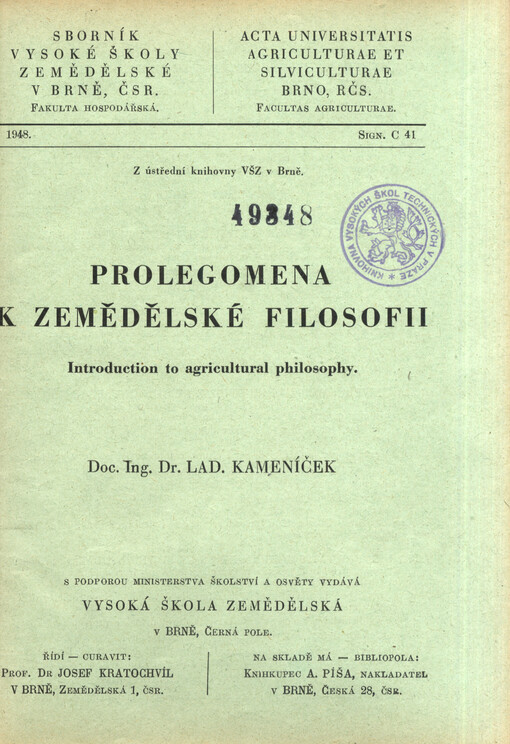 Prolegomena k zemědělské filosofii = Introduction to agricultural philosophy