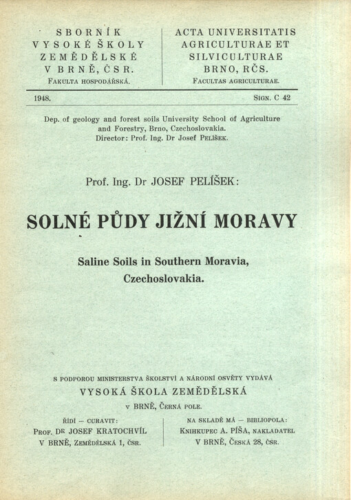 Solné půdy jižní Moravy = Saline Soils in Southern Moravia, Czechoslovakia
