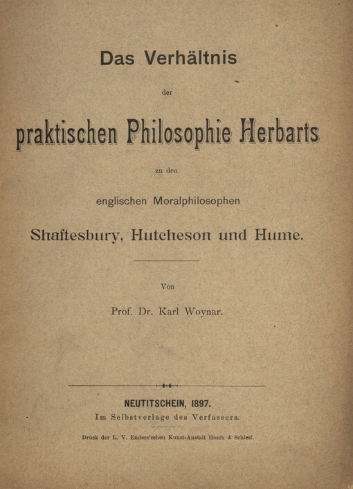 Das Verhältnis der praktischen Philosophie Herbarts zu den englischen Moralphilosophen Schaftesbury, Hutcheson und Hume
