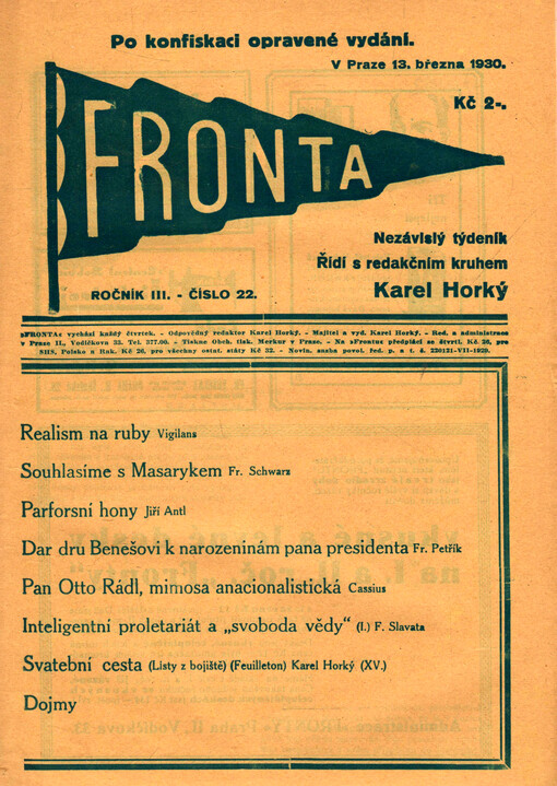  22 (13. března 1930) Po konfiskaci opravené vydání