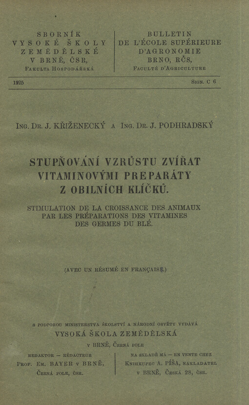 Stupňování vzrůstů zvířat vitaminovými preparáty z obilních klíčků =: Stimulation de la croissance des animaux par les préparations des vitamines des germes du blé