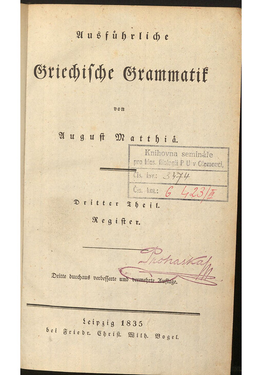 Ausführliche Griechische Grammatik. Dritter Theil, Register