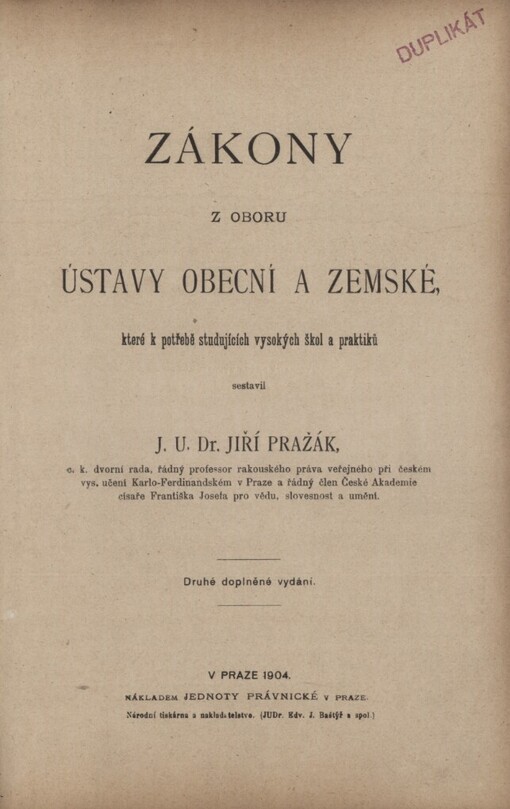 Zákony z oboru ústavy obecní a zemské