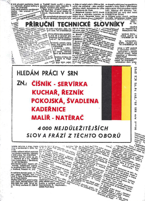 Česko-německý a německo-český slovník, obor pokojská, číšník-servírka, kuchař, řezník, prodavač, švadlena, kadeřnice-holič, malíř pokojů, lakýrník