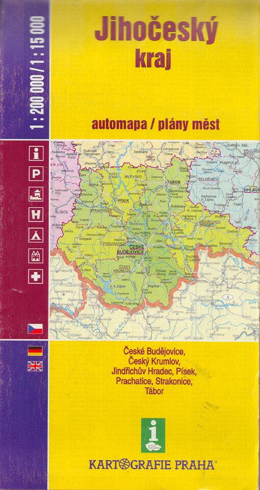 Jihočeský krajautomapa 1:200^000 / plány měst 1:15^000 : České Budějovice, Český Krumlov, Jindřichův Hradec, Písek, Prachatice, Strakonice, Tábor : automapa Jihočeského kraje s rejstříkem sídel, plán Českých Budějovic, plány všech okresních měst s rejstříky ulic