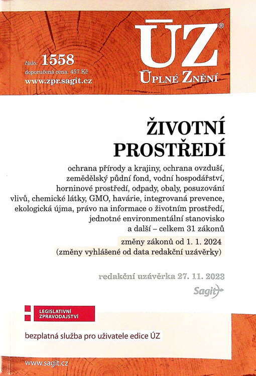 Životní prostředí : ochrana přírody a krajiny, ochrana ovzduší, zemědělský půdní fond, vodní hospodářství, horninové prostředí, odpady, obaly, posuzování vlivů, chemické látky, GMO, havárie, integrovaná prevence, ekologická újma, právo na informace o životním prostředí, jednotné environmentální stanovisko a další - celkem 31 zákonů : změny zákonů od 1.1.2024 (změny vyhlášené od data redakční uzávěrky) : redakční uzávěrka 27.11.2023