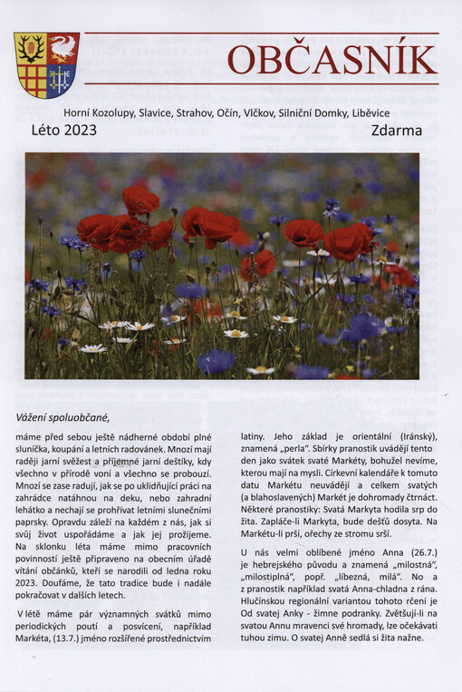 Občasník : Horní Kozolupy, Slavice, Strahov, Očín, Vlčkov, Silniční Domky, Liběvice
