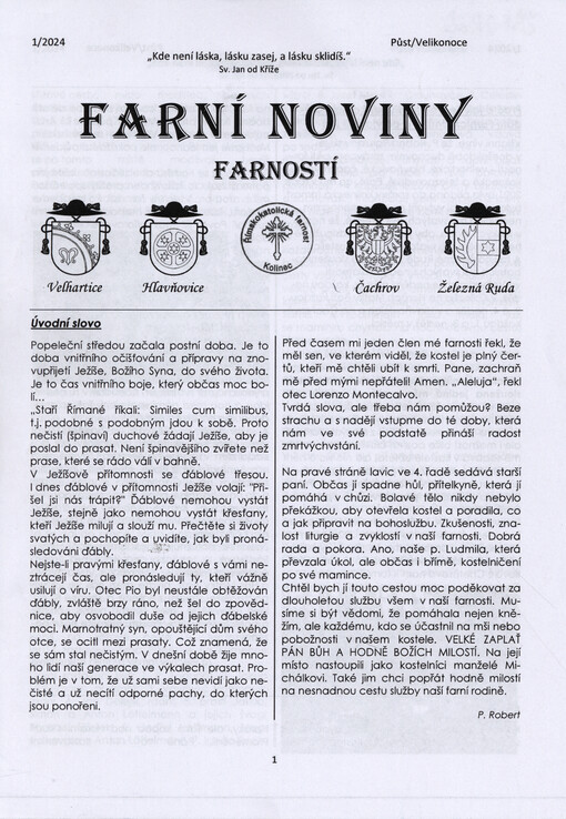 Farní noviny farností Velhartice, Hlavňovice, Kolinec, Čachrov, Železná Ruda