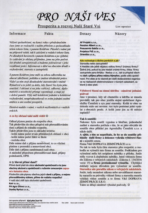 Pro naši ves : prosperita a rozvoj naší Staré Vsi : list opozice