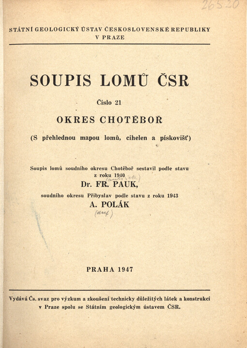 Soupis lomů ČSR. Číslo 21, Okres Chotěboř (s přehlednou mapou lomů, cihelen a pískovišť)