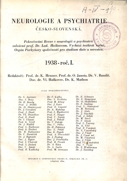 Neurologie a psychiatrie Česko-slovenská : pokračování Revue v neurologii a psychiatrii založené prof. Dr. Lad. Haškovcem