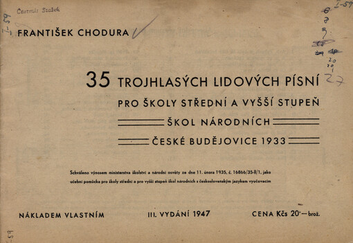 35 trojhlasých lidových písní : pro školy střední a vyšší stupeň škol národních