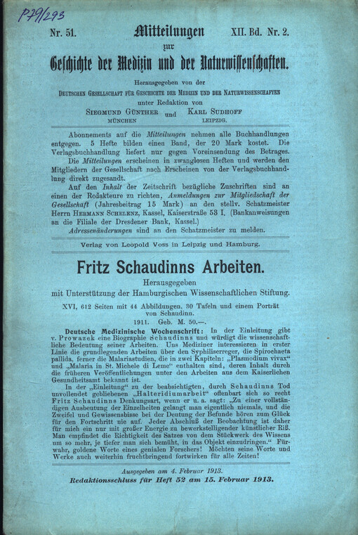 Mitteilungen zur Geschichte der Medizin und der Naturwissenschaften