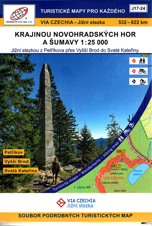 Via Czechia - Jižní stezka : 532-822 km : soubor podrobných turistických map. J17-24, Krajinou Novohradských hor a Šumavy 1:25 000 : Jižní stezkou z Petříkova přes Vyšší Brod do Svaté Kateřiny