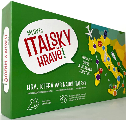 Mluvte italsky hravě! : vyhrajte závod a ovládněte italštinu : hra, která vás naučí italsky : pro úplné začátečníky i pokročilé, pro všechny věkové kategorie, pro zábavu i naučení : sada figurek a hrací plocha : stovky hracích karet, stovky vět, otázek a úkolů, stovky momentů zábavy, která vás naučí italsky