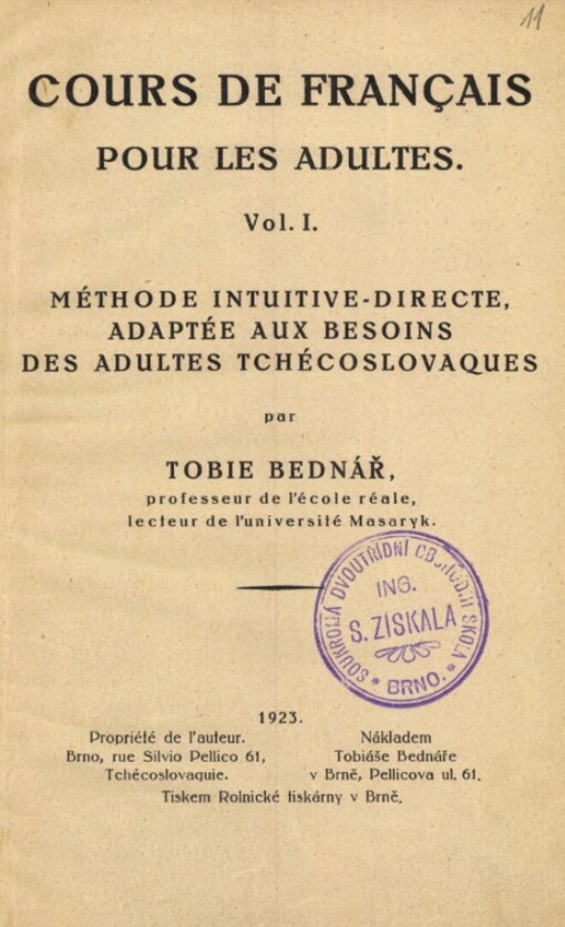 Cours de français pour les adultes :méthode intuitive-directe, adaptée aux besoins des adultes Tchécoslovaques