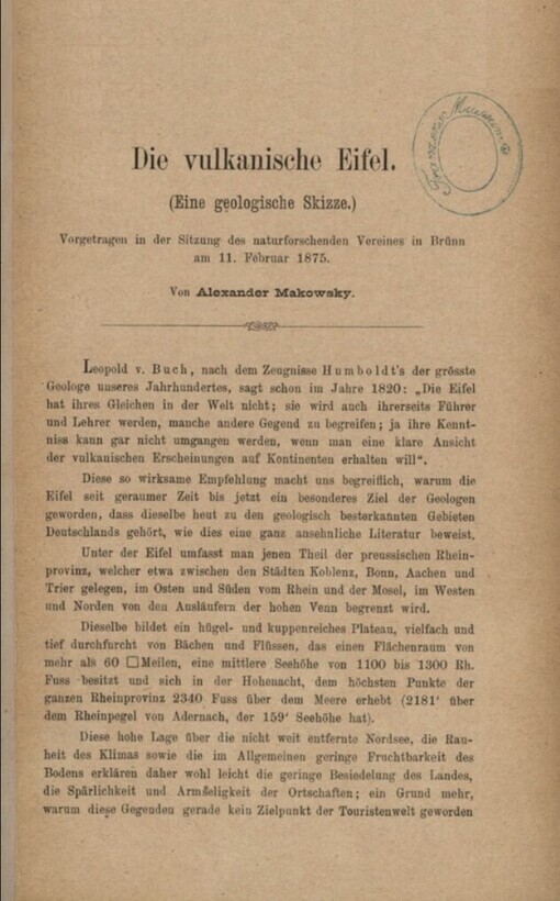 Die vulkanische Eifel :eine geologische Skizze : vorgetragen in der Sitzung des naturforschenden Vereines in Brünn am 11. Februar 1875