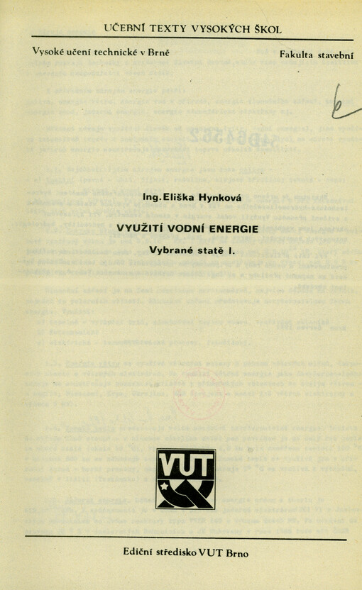 Využití vodní energie. I., Vybrané statě