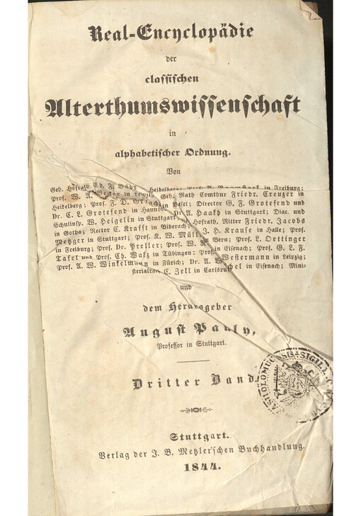 Real-Encyclopädie der classischen Alterthumswissenschaft in alphabetischer Ordnung. Dritter Band