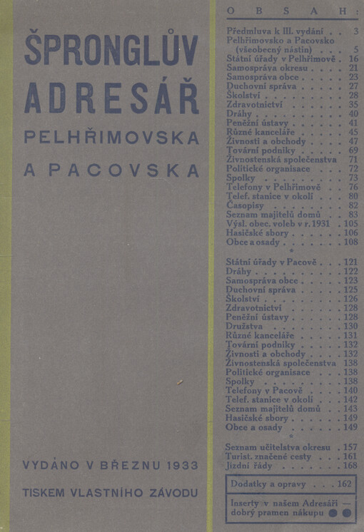 Špronglův adresář Pelhřimovska a Pacovska : 1933
