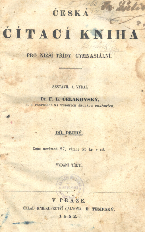 Česká čítací kniha pro nižší třídy gymnasiální.Díl druhý
