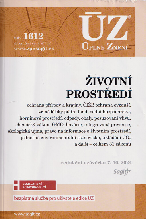 Životní prostředí : ochrana přírody a krajiny, ochrana ovzduší, zemědělský půdní fond, vodní hospodářství, horninové prostředí, odpady, obaly, posuzování vlivů, chemický zákon, GMO, havárie, integrovaná prevence, ekologická újma, právo na informace o životním prostředí, jednotné invironmentální stanovisko, ukládání CO2 a další - celkem 31 zákonů : redakční uzávěrka 7.10. 2024