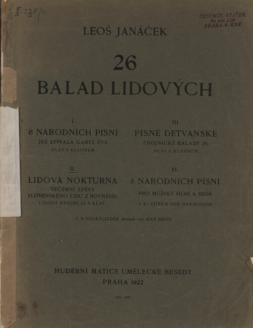 26 balad lidových. II : Lidová nokturna : večerní zpěvy slovenského lidu z Rovného : lidový dvojhlas s klavírem