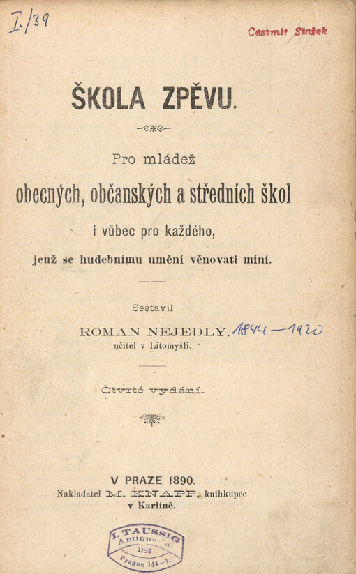 Škola zpěvu pro mládež národních a středních škol i vůbec pro každého, jenž se hudebnímu umění věnovati míní