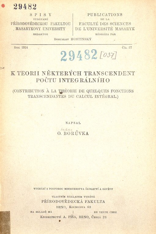 K teorii některých transcendent počtu integrálního = Contribution à la théorie de quelques fonctions transcendantes du calcul intégral
