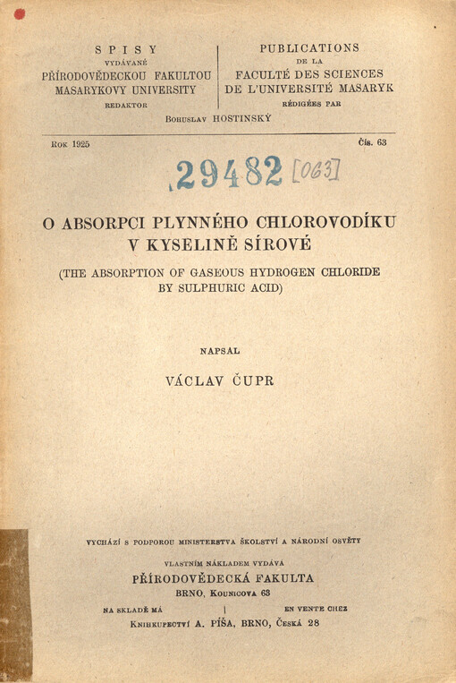 O absorpci plynného chlorovodíku v kyselině sírové = The absorption of gaseous hydrogen chloride by sulphuric acid