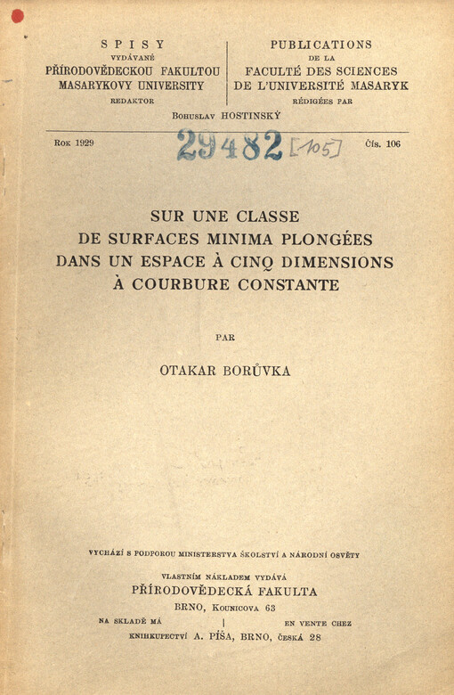 Sur une classe de surfaces minima plongées dans un espace à cinq dimensions à courbure constante