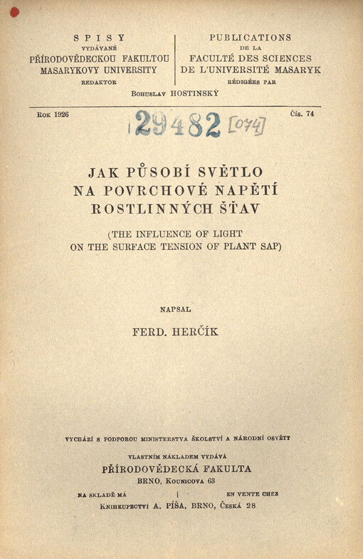 Jak působí světlo na povrchové napětí rostlinných šťav = The influence of light on the surface tension of plant sap