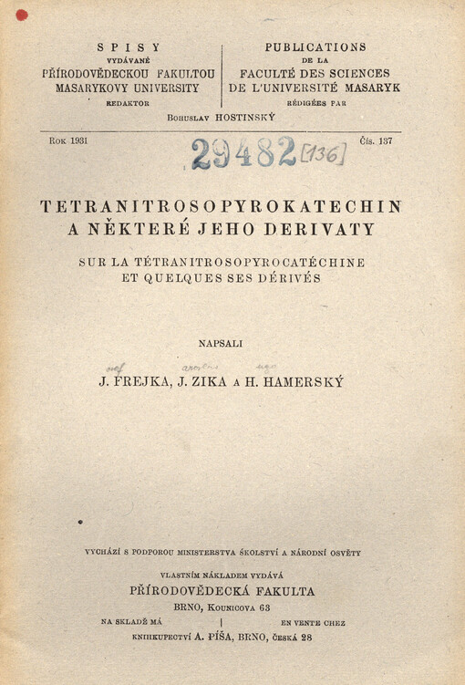 Tetranitrosopyrokatechin a některé jeho derivaty = Sur la tétranitrosopyrocatéchine et quelques ses dérivés